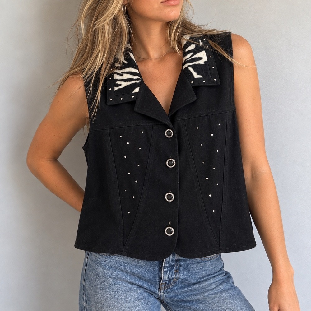VTG Nancy Bolen Black Vest Zebra Print Collar Studded Medium Y2K Mob Wife Indie